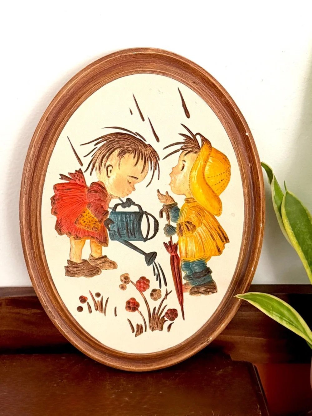 Vintage 70’s Children Gardening Plaster Carved Wall Hanging Art Children Cottage
